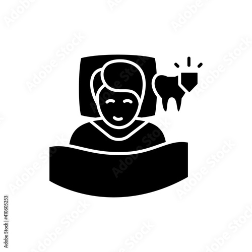 Dental guard glyph icon. Teeth grinding treatment. Sleep disorder. Healthy sleeping concept. Sleep problems, stress symptoms. Health care. Filled flat sign. Isolated silhouette vector illustration