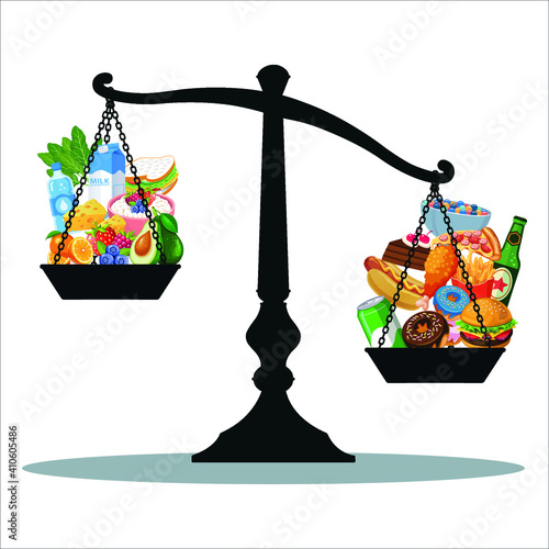 Scale weight healthy food and fast junk food vector illustration.