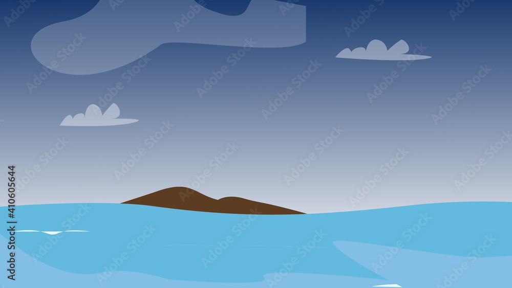 Cartoon seascape background with island, clouds, blue sky and ocean ...