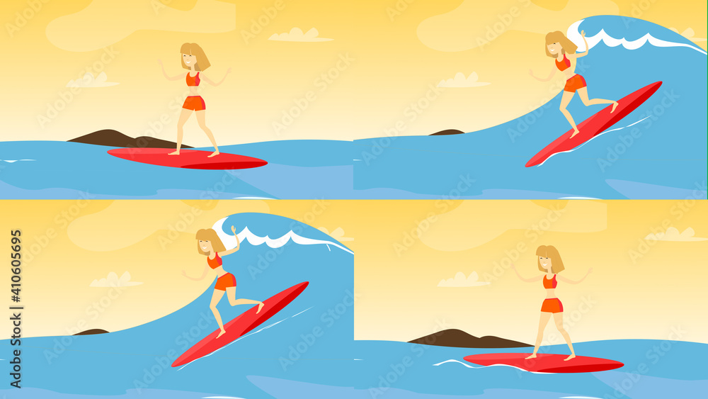 Cartoon surf girl with surfboard riding a wave illustration. Cartoon surf girl with surfboard riding a wave illustration.