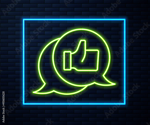 Glowing neon line Consumer or customer product rating icon isolated on brick wall background. Vector.