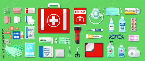Complete First Aid Kit Set Box vector illustration.