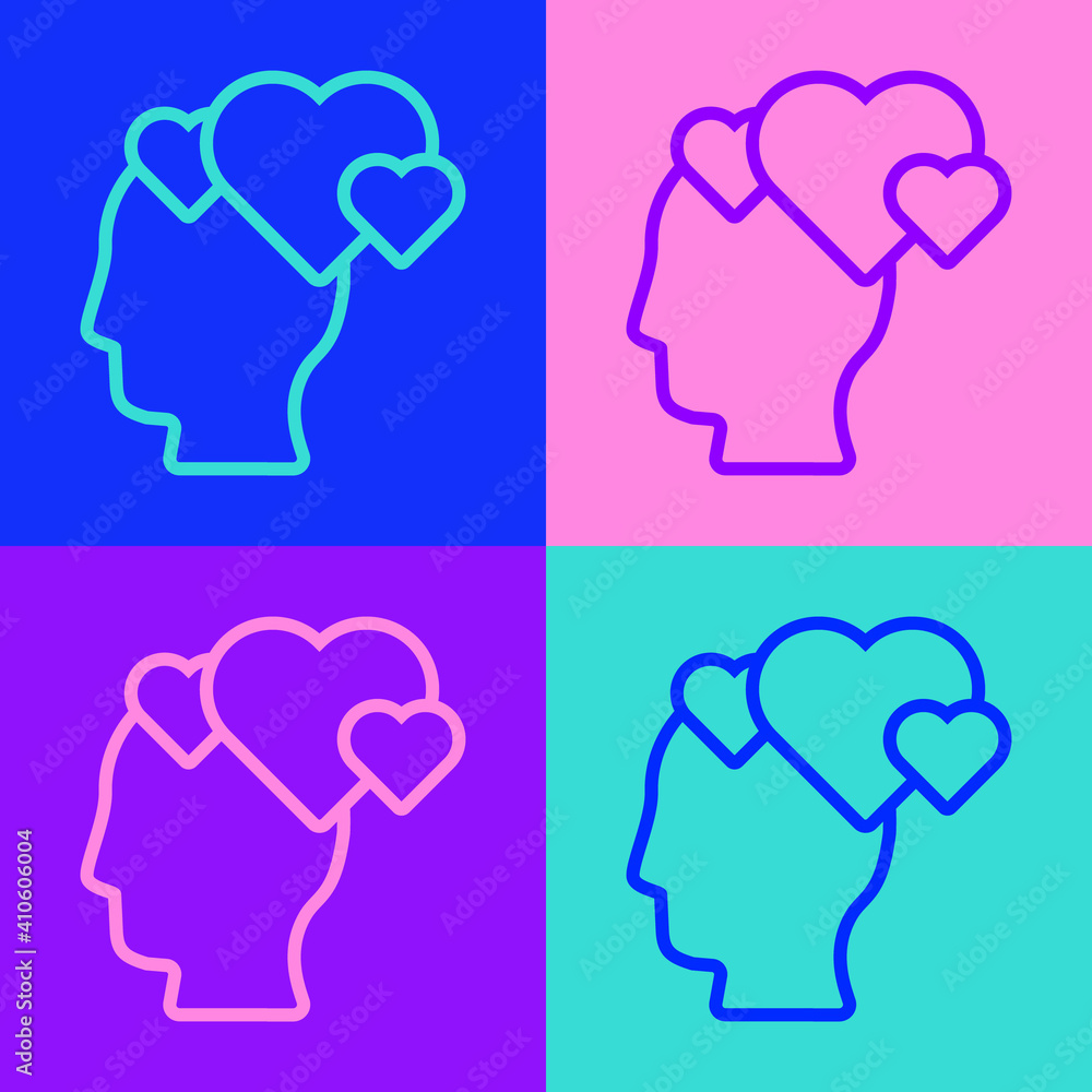 Pop art line Human head with heart icon isolated on color background. Love concept with human head. Vector. Pop art line Human head with heart icon isolated on color background. Love concept with human head. Vector.