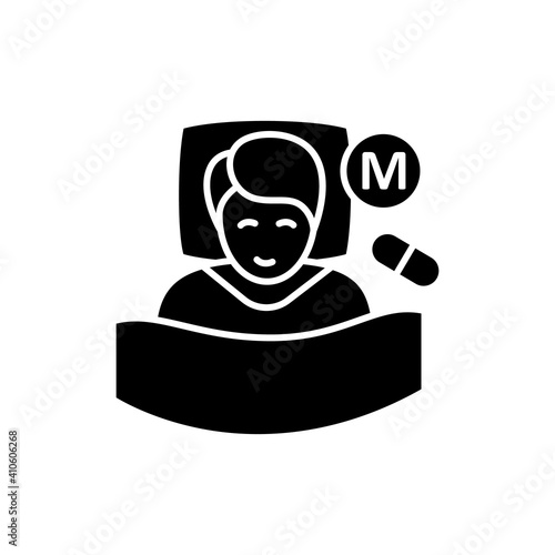 Melatonin supplements glyph icon. Insomnia hormonal treatment. Healthy sleeping concept. Sleep problems treatment medicines. Health care. Filled flat sign. Isolated silhouette vector illustration