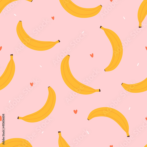Banana seamless pattern for textile, wrapping paper, fabric. Modern kids pink background with fruits. Pink girly wallpaper.