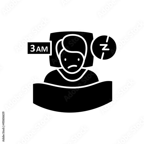 Insomnia glyph icon. Sleep disorder. Healthy sleeping concept. Sleep problems treatment. Falling asleep trouble. Stress. Health care.Filled flat sign. Isolated silhouette vector illustration
