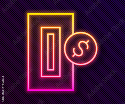 Glowing neon line Hand inserting coin to a slot on a vending machine or arcade machine icon isolated on black background. Vector.