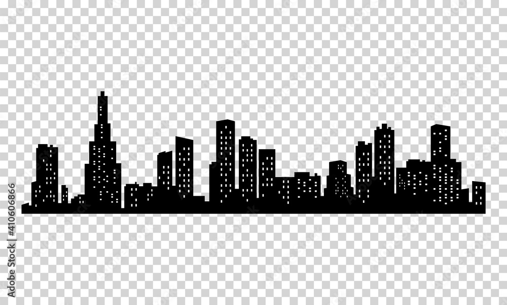 Obraz premium City silhouette. Modern urban landscape. Cityscape buildings silhouette on transparent background. City skyline with windows in a flat style