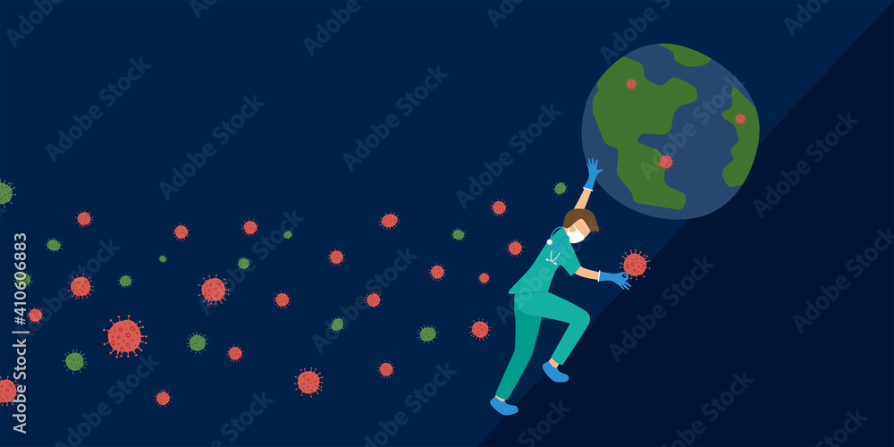 Naklejka premium male paramedic or medical staff with face mask and stethoscope fighting coronavirus in outer space to prevent spread of COVID-19 and save the world, concept of healthcare in pandemic situation.