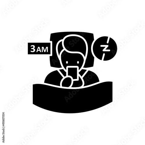 Difficulty falling asleep glyph icon. Insomnia. Sleep disorder. Healthy sleeping concept. Sleep problems treatment. Falling asleep trouble. Filled flat sign. Isolated silhouette vector illustration