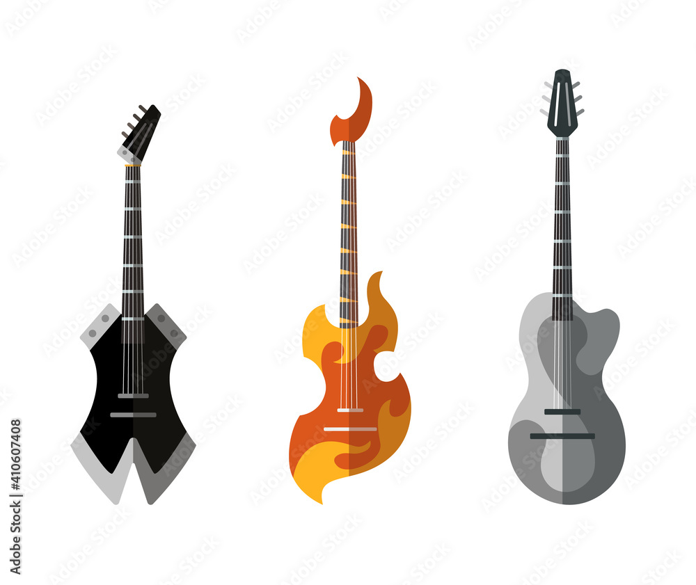 Obraz premium Guitar collection. Different shape acoustic and electric guitars. Isolated stylish art. Colored icons on white background. Set of different color rock guitar