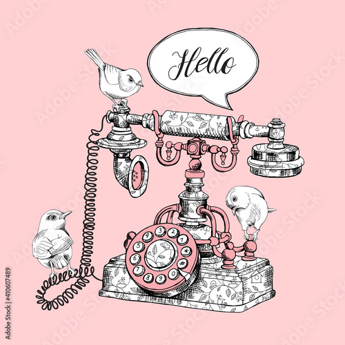 Vintage telephone and birds on a light pink background. Vector illustration.