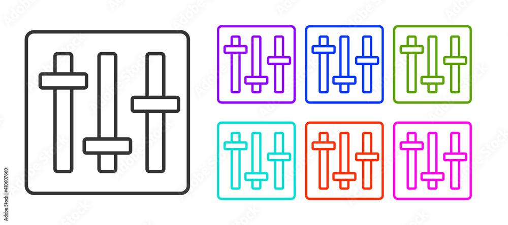 Black line Sound mixer controller icon isolated on white background. Dj equipment slider buttons. Mixing console. Set icons colorful. Vector. Black line Sound mixer controller icon isolated on white background. Dj equipment slider buttons. Mixing console. Set icons colorful. Vector.