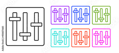 Black line Sound mixer controller icon isolated on white background. Dj equipment slider buttons. Mixing console. Set icons colorful. Vector.