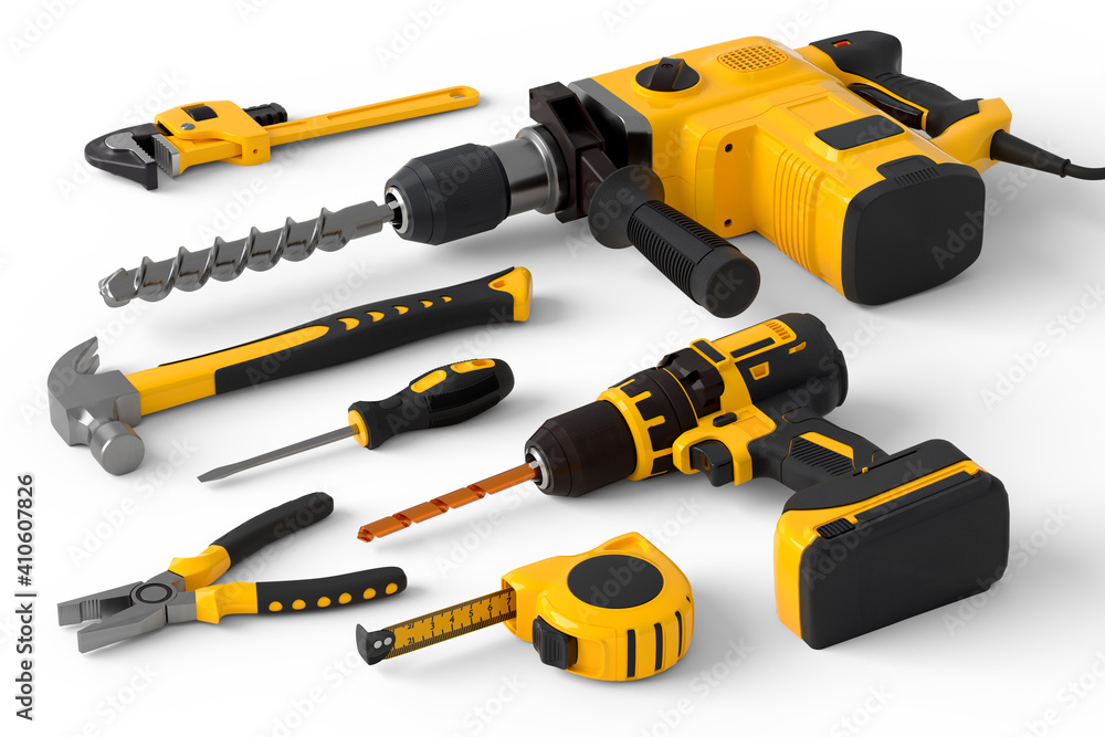 Set of construction tools for repair and installation on white background Set of construction tools for repair and installation on white background