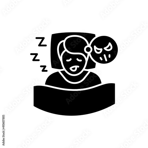 Nightmares glyph icon. Night terror. Sleep disorder. Healthy sleeping concept. Sleep problems treatment. Stress symptom. Health care. Filled flat sign. Isolated silhouette vector illustration
