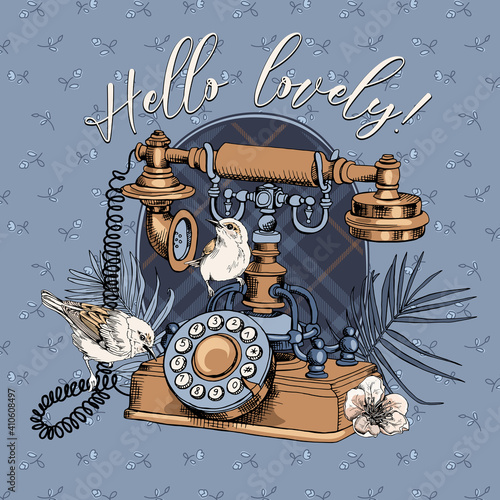 Vintage Telephone and birds with exotic palm leaves on a checkered background. Hello lovely - lettering quote. T-shirt composition, hand drawn vector illustration.