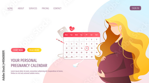 Pregnant woman with calendar. Medical appointment, planning, pregnancy Calendar concept. Vector illustration for advertising, banner, website.