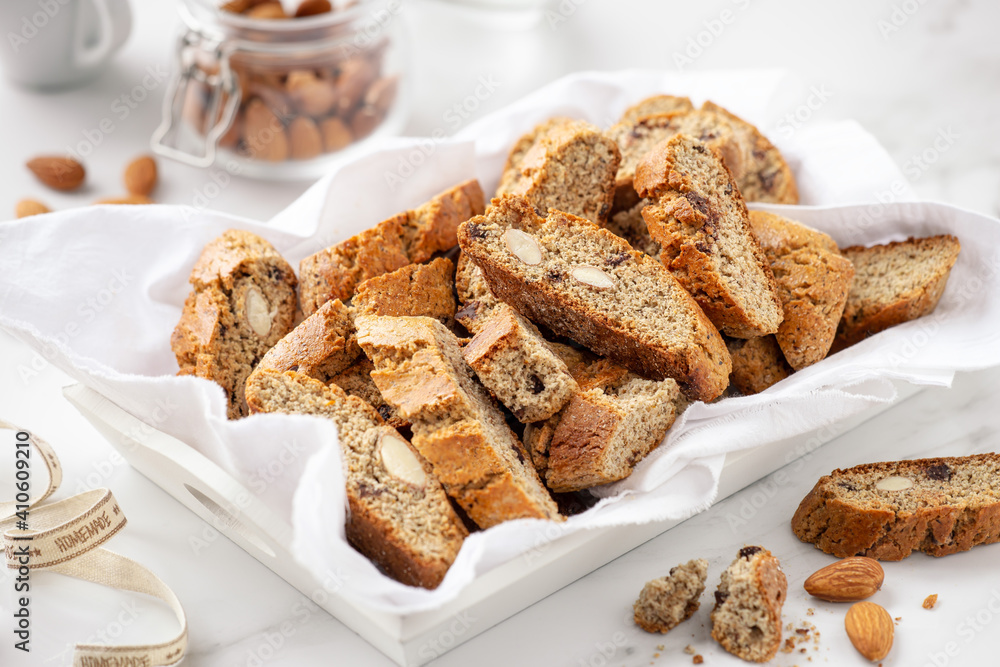 Homemade gluten free biscotti or cantuccini made of buckwheat flour with almonds and chocolate chips Homemade gluten free biscotti or cantuccini made of buckwheat flour with almonds and chocolate chips
