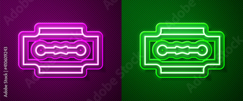 Glowing neon line Blade razor icon isolated on purple and green background. Vector.