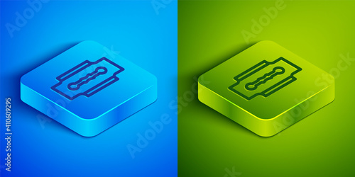Isometric line Blade razor icon isolated on blue and green background. Square button. Vector.