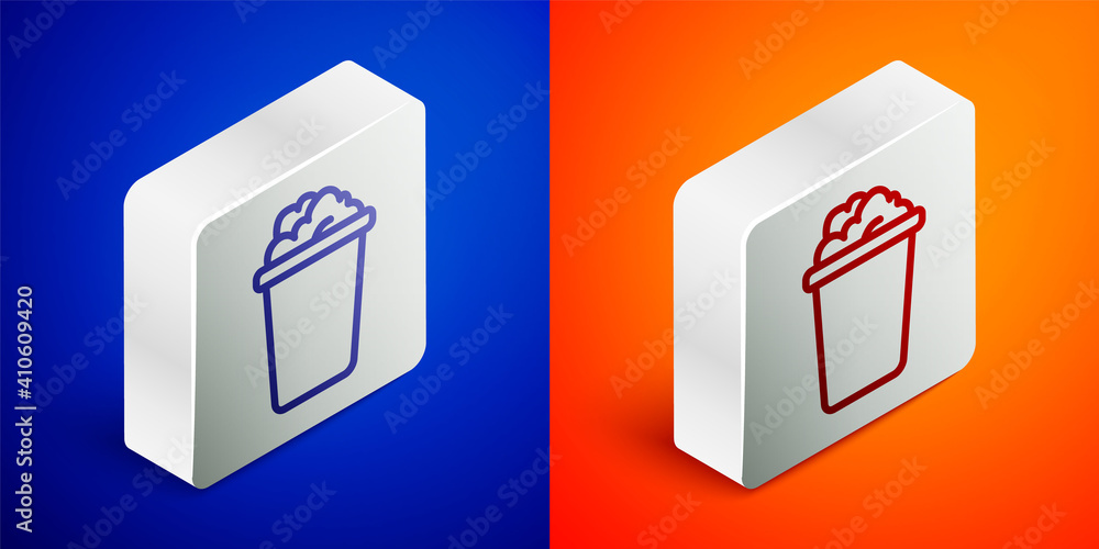 Isometric line Bucket with soap suds icon isolated on blue and orange background. Bowl with water. Washing clothes, cleaning equipment. Silver square button. Vector.