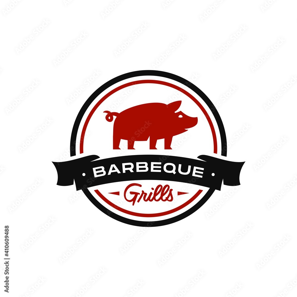 Vintage Retro pork pig BBQ Grill badge, Barbecue party , Barbeque Label Stamp Logo design vector invitation , with fire flame design