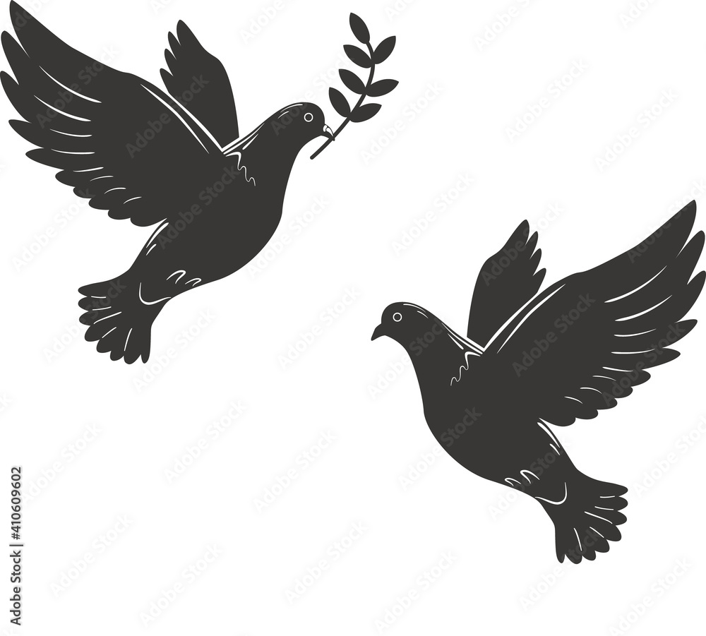 Silhouette of Flying Dove with Olive Twig Vector Icon Template
