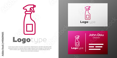 Logotype line Cleaning spray bottle with detergent liquid icon isolated on white background. Logo design template element. Vector.