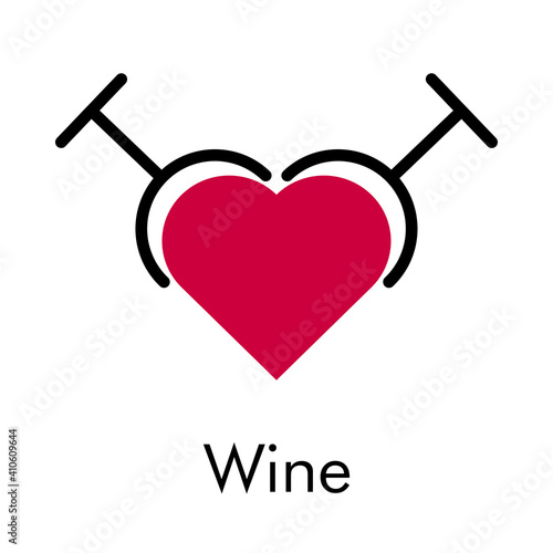 Logotipo con texto Wine con copas de vino con líquido con forma de corazón en color negro y granate