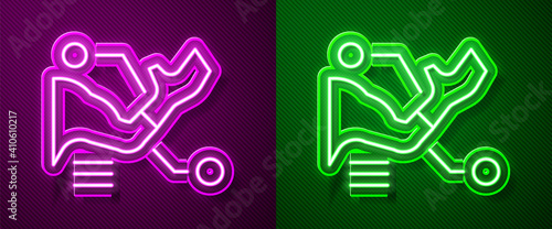 Glowing neon line Prosthesis hand icon isolated on purple and green background. Futuristic concept of bionic arm, robotic mechanical hand. Vector.