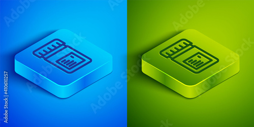 Isometric line Biologically active additives icon isolated on blue and green background. Square button. Vector.