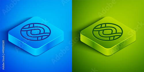 Isometric line DNA symbol icon isolated on blue and green background. Genetic engineering, genetics testing, cloning, paternity testing. Square button. Vector.