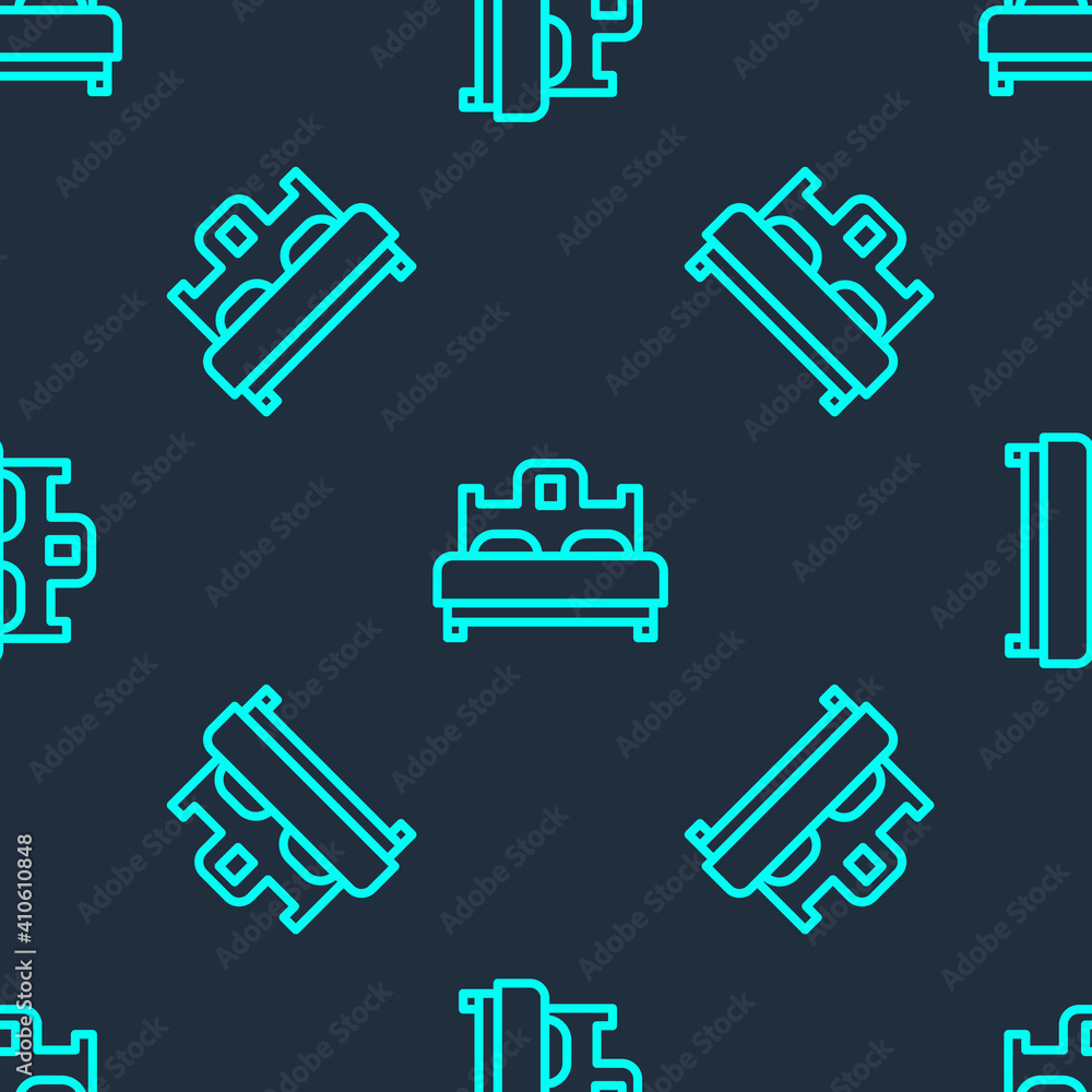 Green line Bedroom icon isolated seamless pattern on blue background. Wedding, love, marriage symbol. Bedroom creative icon from honeymoon collection. Vector. Green line Bedroom icon isolated seamless pattern on blue background. Wedding, love, marriage symbol. Bedroom creative icon from honeymoon collection. Vector.
