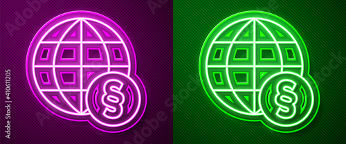 Glowing neon line International law icon isolated on purple and green background. Global law logo. Legal justice verdict world. Vector.