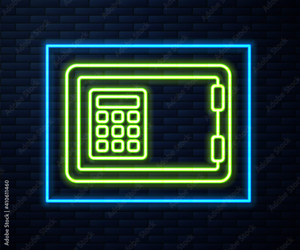 Glowing neon line Safe icon isolated on brick wall background. The door safe a bank vault with a combination lock. Reliable Data Protection. Vector. Glowing neon line Safe icon isolated on brick wall background. The door safe a bank vault with a combination lock. Reliable Data Protection. Vector.