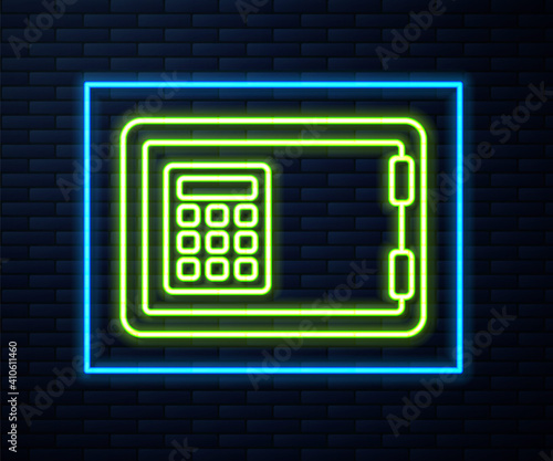 Glowing neon line Safe icon isolated on brick wall background. The door safe a bank vault with a combination lock. Reliable Data Protection. Vector.