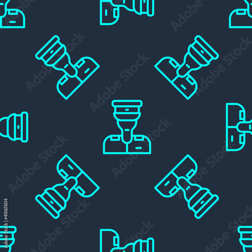 Green line Train conductor icon isolated seamless pattern on blue background. Vector.
