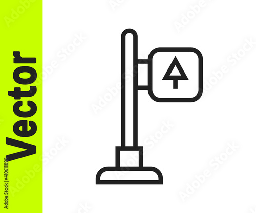 Black line Road traffic sign. Signpost icon isolated on white background. Pointer symbol. Street information sign. Direction sign. Vector.