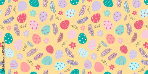Easter eggs seamless pattern. Decorated Easter eggs. Design for textiles, packaging, wrappers, greeting cards, paper, printing. Vector illustration © Tatyana Olina