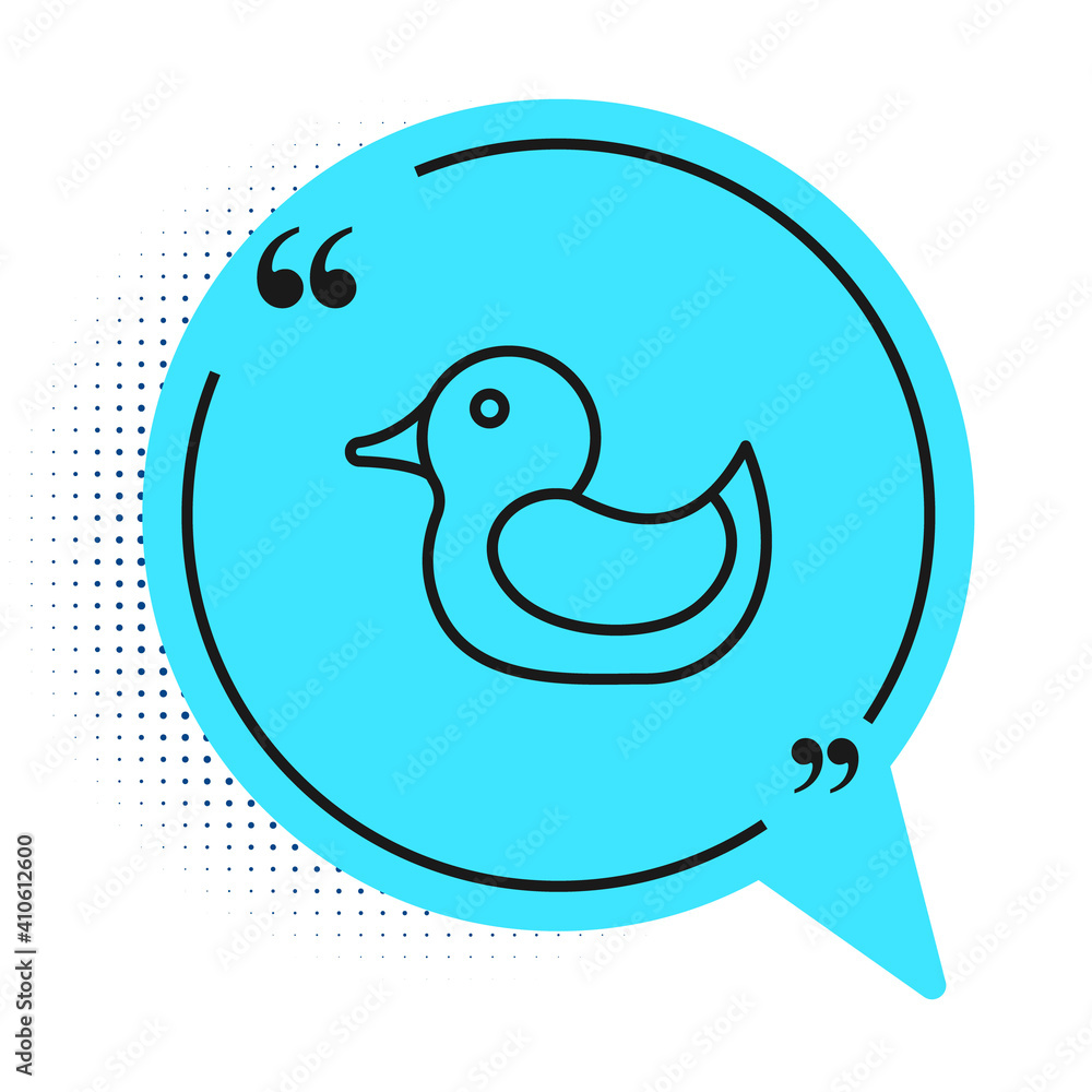 Black line Rubber duck icon isolated on white background. Blue speech bubble symbol. Vector. Black line Rubber duck icon isolated on white background. Blue speech bubble symbol. Vector.