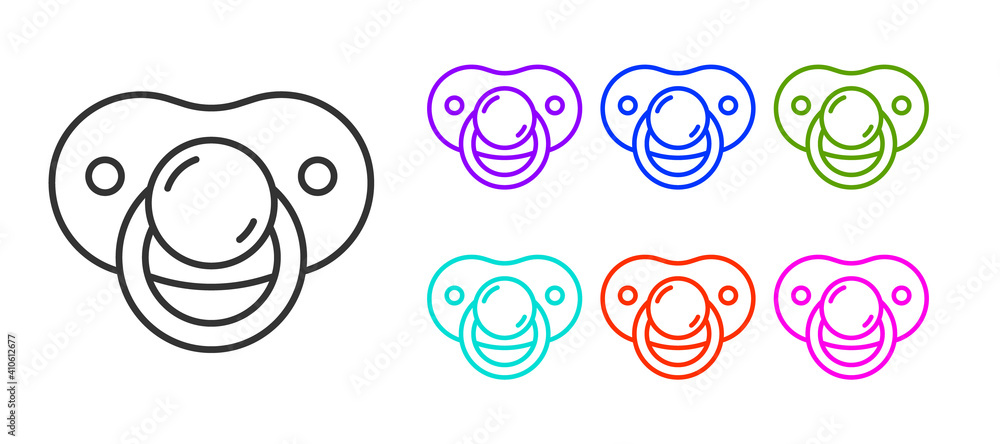 Black line Baby dummy pacifier icon isolated on white background. Toy of a child. Set icons colorful. Vector.