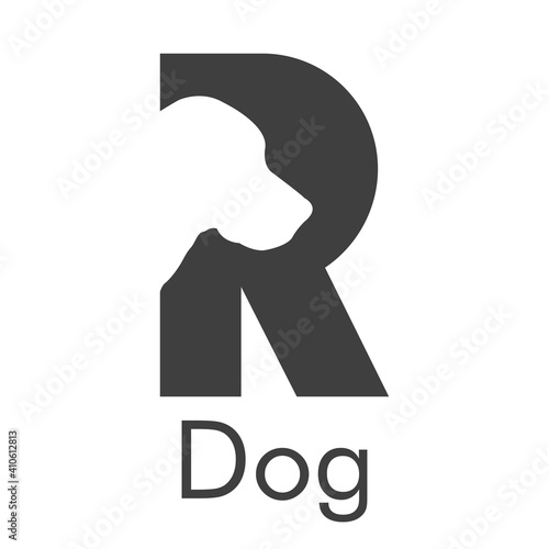 Logotipo texto dog con letra inicial R con cabeza de perro en color gris	