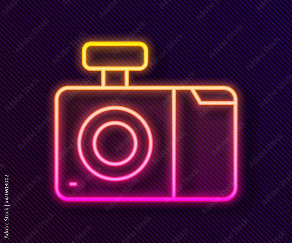 Glowing neon line Photo camera icon isolated on black background. Foto camera icon. Vector. Glowing neon line Photo camera icon isolated on black background. Foto camera icon. Vector.