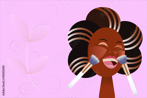 Face makeup with brushes. African American woman in a beauty salon. Pink background with empty place for text