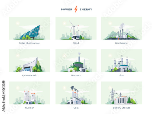 Electricity generation source types. Energy mix solar, water, fossil, wind, nuclear, coal, gas, biomass, geothermal and battery storage. Natural renewable pollution power plants station resources.