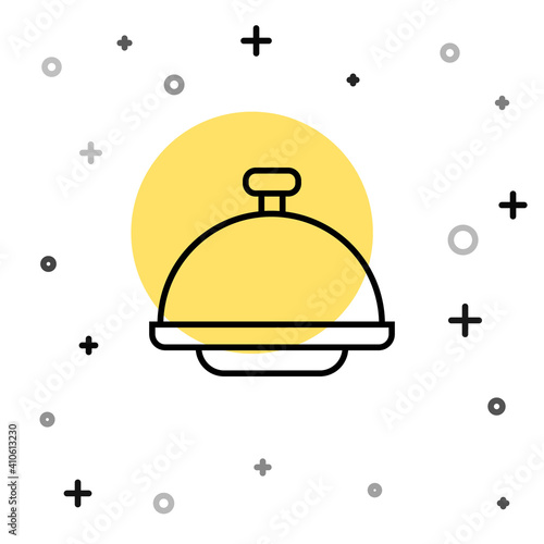 Black line Covered with a tray of food icon isolated on white background. Tray and lid sign. Restaurant cloche with lid. Random dynamic shapes. Vector.