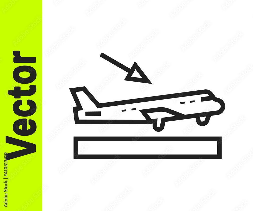 Black line Plane landing icon isolated on white background. Airplane transport symbol. Vector. Black line Plane landing icon isolated on white background. Airplane transport symbol. Vector.