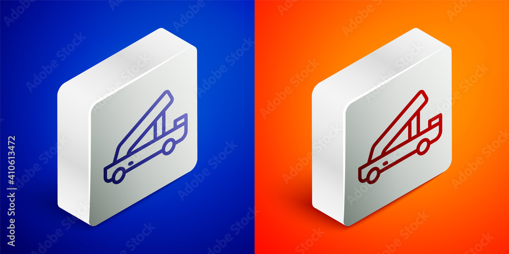 Isometric line Passenger ladder for plane boarding icon isolated on blue and orange background. Airport stair travel. Silver square button. Vector. Isometric line Passenger ladder for plane boarding icon isolated on blue and orange background. Airport stair travel. Silver square button. Vector.