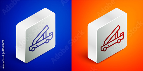 Isometric line Passenger ladder for plane boarding icon isolated on blue and orange background. Airport stair travel. Silver square button. Vector.